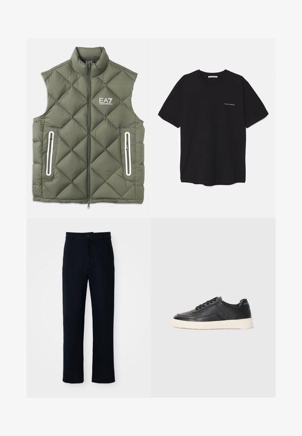 Maslinasto zelena podstavljena prsluk s visokim ovratnikom, prednjim patentnim zatvaračem i dva džepa sa patentnim zatvaračem. Ima bele akcentne detalje i logo na grudima.; Crna pamučna majica s okruglim izrezom, kratkim rukavima i bijelim logotipom otisnutim na lijevoj strani prsnog koša. Jednostavan dizajn u jednoj boji.; Mornarsko plave hlače od pamuka, s ravnim krojem, prednjim kopčanjem na gumb i klasičnim pojasom s petljama za remen.; Crne kožne tenisice s teksturiranim završetkom, okruglim vrhom i ravnim bijelim gumenom potplatom. Karakteriziraju ih crne vezice i branding na peti.