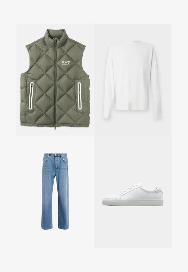 Colete puffer acolchoado em verde-oliveira com gola alta, fecho frontal e dois bolsos com zíper. Apresenta detalhes em branco e o logotipo no peito.; Camisa de algodão branca de mangas longas com decote redondo, fendas laterais na parte inferior e uma textura suave, mostrada de trás.; Calças de ganga azul claro com um design de perna reta, cinco bolsos, fecho de botão, desgaste mínimo e detalhes de costura em contraste.; Sapatilha branca com um cabedal em couro liso e de perfil baixo. Apresenta um bico redondo, seis ilhoses e uma sola de borracha texturizada.