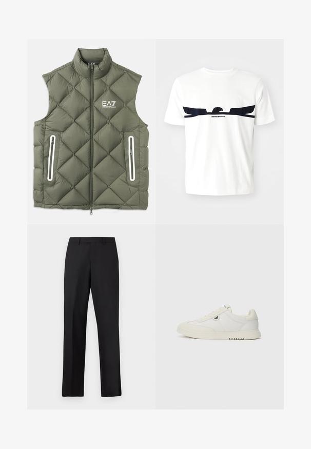 Maslinasto zelena podstavljena prsluk s visokim ovratnikom, prednjim patentnim zatvaračem i dva džepa sa patentnim zatvaračem. Ima bele akcentne detalje i logo na grudima.; Bijela pamučna majica s grafikom orla u tamnoplavoj boji i natpisom "EMPORIO ARMANI" ispod dizajna. Kratki rukavi i okrugli izrez.; Crne hlače ravnih nogavica od glatkog materijala. Imaju standardni pojas i bez vidljivih uzoraka ili dodataka.; Niske bijele tenisice s vezivanjem sprijeda, glatkom potplatom i malim metalik logotipom sa strane, prikazane na jedinstvenoj pozadini.