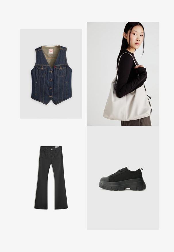 Tummansinisestä denimliivistä, jossa on V-kaula-aukko, viisi nappia, kaksi rintataskua läpillä ja vaaleanruskeat ompeluyksityiskohdat.; Kaksi pitkähihasta paitaa: yksi musta ja yksi valkoinen. Molemmissa on pyöreä kaula-aukko, raglan-hihat ja pehmeä puuvillasekoitekangas.; Mustat leveälahkeiset farkut, jotka on valmistettu sileästä denimmateriaalista. Farkuissa on kaksi takataskua ja nappikiinnitys vyötäröllä.; Mustat urheilukengät, joissa on paksu kumipohja, teksturoitu kangasvarsi, pyöreä kärki ja nauhalukitus. Varusteena vahvistetut nauhareiät ja takana vetotanko.; Beige laukku, joka on valmistettu pehmeästä materiaalista, ja siinä on rento muotoilu, ommeltu yksityiskohtia ja kaksi olkahihnaa. Sopii päivittäiseen käyttöön.