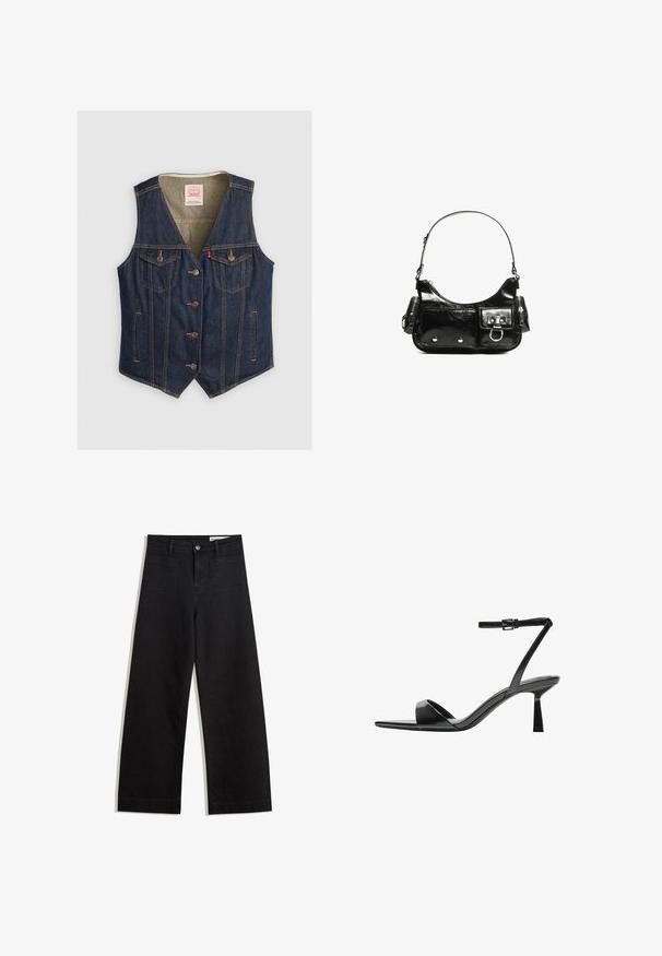 Donkerblauw denim vest met V-hals, vijf knopen, twee borstzakken met kleppen en lichtbruine stikseldetails.; Witte mouwloze top met een knopenfront, zijzakken en een getailleerd ontwerp met een licht uitlopende zoom. Soepele textuur, minimale details.; Zwarte denim broek met wijde pijpen en een hoge taille, voorzien van voor- en achterzakken, gestikte naden en een knoopsluiting. Gladde textuur.; Bershka Sandalen met hoge hak - black; Zwarte laarzen in lakleer met een gebogen vorm, één schouderband, voorvakken en accenten in zilverkleurig metaal.