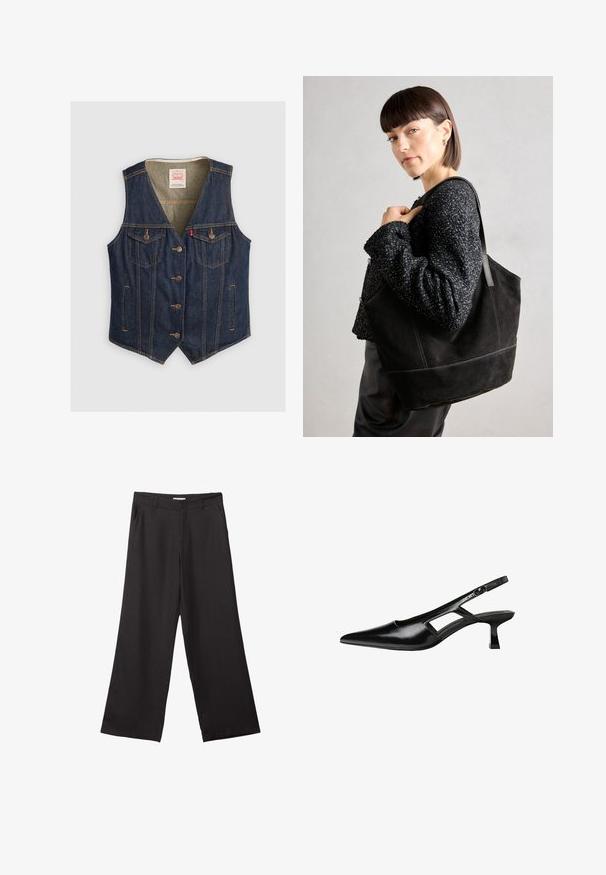 Kamizelka dżinsowa w ciemnoniebieskim kolorze, z dekoltem w kształcie litery V, pięcioma guzikami, dwoma kieszeniami na piersi z klapkami oraz jasnobrązowymi detalami szewnymi.; Biała bezrękawnik z okrągłym dekoltem. Wykonana z gładkiego materiału, ma luźny krój i minimalistyczny design. Bez wzorów ani akcentów.; Czarne spodnie z szerokimi nogawkami, wykonane z gładkiego materiału, z przednim zamkiem błyskawicznym i dwoma bocznymi kieszeniami, o dopasowanym kroju i minimalistycznym wzornictwie.; Czarne lakierowane czółenka na odkrytej pięcie z wąskim noskiem, z wykrojem po bokach i małym kwadratowym obcasem. Gładka faktura z minimalnymi akcentami.; Czarna torba tote zamszowa o gładkiej fakturze, strukturalnym kształcie i kontrastowym przeszyciu. Posiada długie rączki do noszenia na ramieniu.