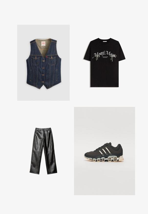 Gilet en denim bleu foncé, avec un col en V, cinq boutons, deux poches poitrine avec rabats, et des détails de couture marron clair.; T-shirt en coton noir avec le texte "Mostly Magic" en blanc, orné d'accents décoratifs en perles. Manches courtes, coupe décontractée, col rond.; Pantalons larges en cuir noir avec une texture lisse, conception à cinq poches et détails cousus le long des jambes et de la taille.; Chaussure de sport noire avec un dessus texturé, trois bandes argentées et une semelle amortissante distinctive comportant plusieurs sections intégrées.