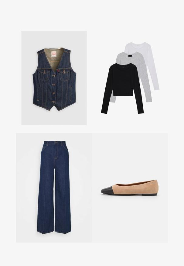Dunkelblauer Denim-Weste mit V-Ausschnitt, fünf Knöpfen, zwei Brusttaschen mit Klappen und hellbraunen Nähdetails.; Drei langärmelige Oberteile gestapelt: schwarz, grau und weiß. Jedes hat einen runden Halsausschnitt und ein kurzes Design aus glattem, leichtem Stoff.; Hochtaillierte, weit geschnittene, dunkelblaue Jeans aus Denim mit Front- und Gesäßtaschen, Knopfverschluss und sichtbaren Nähdetails.; Beige Wildleder Ballerina mit einer runden Zehenkappe aus schwarzem Leder, niedrigem Absatz und glatter Textur, mit minimaler Nahtverarbeitung und klarem Design.