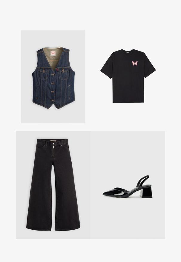 Jeansová vesta v tmavomodrej farbe, so V-výstrihom, piatimi gombíkmi, dvoma náprsními vreckami s chlopňami a svetlohnedými šitím.; Čierne bavlnené tričko s krátkymi rukávmi, s malým ružovým motýlikom na ľavej hrudi. Design s okrúhlym výstrihom a uvoľneným strihom.; Dlhé nohavice vo voľnom strihu z čierneho denimu so zipsom vpredu, päť vrecúškovým dizajnom a jemnými stehovými detailmi. Hladká textúra a neformálny štýl.; Čierne lakované kožené sandálové podpätky s špicatou špičkou a geometrickým blokovým podpätkom. Disponujú elegantným, minimalistickým dizajnom a hladkým povrchom.