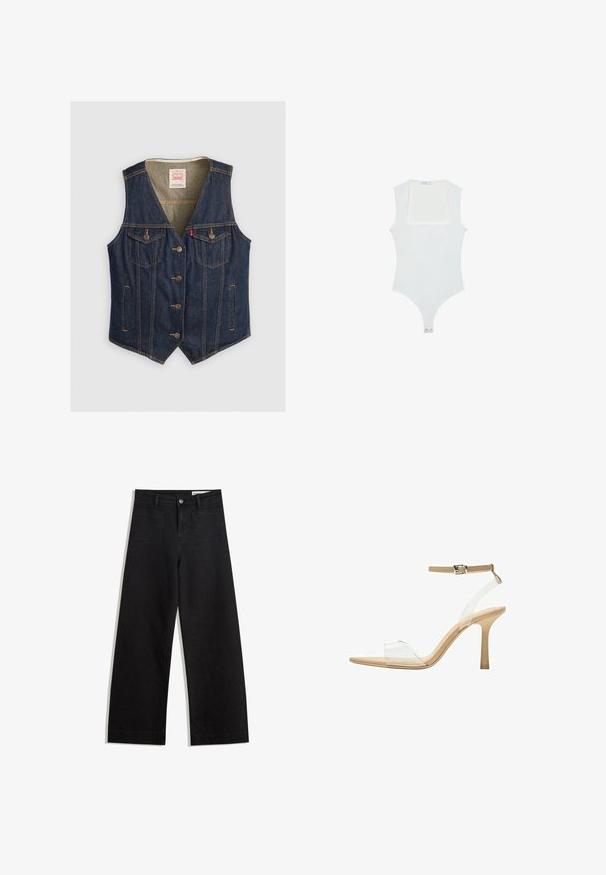 Dunkelblauer Denim-Weste mit V-Ausschnitt, fünf Knöpfen, zwei Brusttaschen mit Klappen und hellbraunen Nähdetails.; Weißer Body mit quadratischem Ausschnitt, ärmellosem Design, glatter Textur und Druckknopfverschluss am Boden. Schlichter und minimalistischer Stil.; Schwarze weit geschnittene Jeans mit hoher Taille, ausgestattet mit Vorder- und Hintertaschen, gesteppten Nähten und einem Knopfverschluss. Glatte Textur.; Durchsichtige Sandale mit transparentem Obermaterial, beigem Fußbett und einem schlanken Knöchelriemen. Sie hat eine spitz zulaufende Zehenpartie und einen dünnen, hohen Absatz.