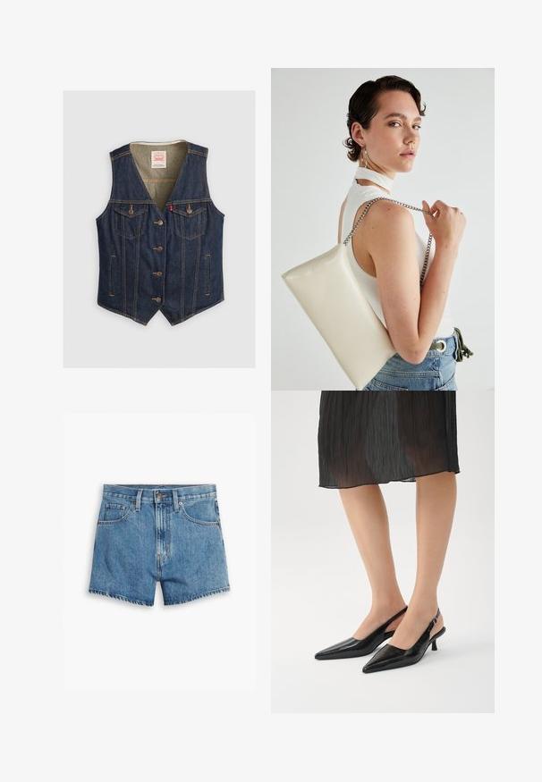 Denimvest i mørkeblå, med V-hals, fem knapper, to brystlommer med klapper og lysebrune sy-details.; Cremefarvet kortærmet t-shirt lavet af blødt bomuld. Har en rund halsudskæring og en afslappet pasform med minimal syningdetaljer.; Denim shorts i lyseblå, med fem lommer, lynlås og knappelukning. Kanten er tattered med et afslappet fit design.; Sorte spidse slingback heels med en blank finish, slank hæl og åben bagside. Tekstur mønster på overmaterialet.; Hvid rektangulær clutch-taske lavet af skinnende materiale, med en sølv kædetransport. Modellen poser, mens hun fremviser tasken mod en ensfarvet baggrund.