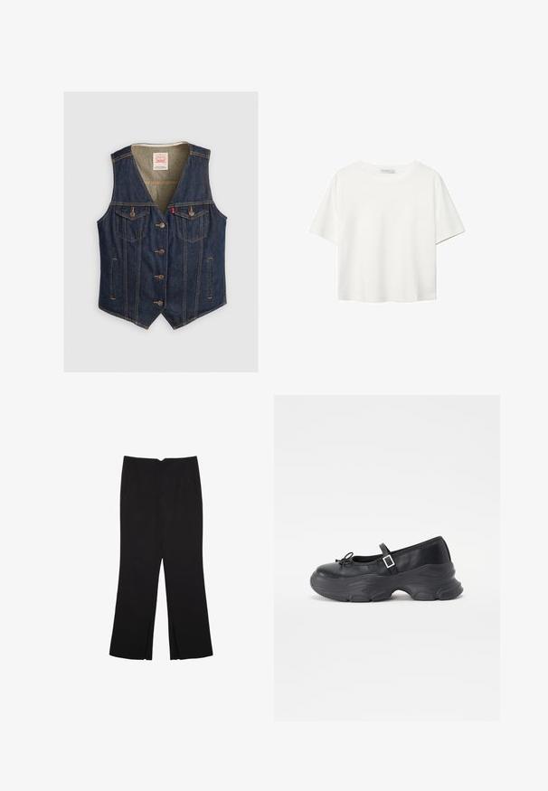 Denimvest i mørkeblå, med V-hals, fem knapper, to brystlommer med klapper og lysebrune sy-details.; Hvid kortærmet t-shirt lavet af bomuld. Har en rund halsudskæring og en afslappet pasform. Glat tekstur uden synlige mønstre eller detaljer.; Sorte bukser med lige pasform, der har frontlommer og slidser i kanten. Lavet af blødt, glat stof. Velegnet til forskellige anledninger.; Sorte læder Mary Jane-sko med rund tå, sløjfedetalje og justerbar ankelrem. Har en robust gummisål med buede accenter.