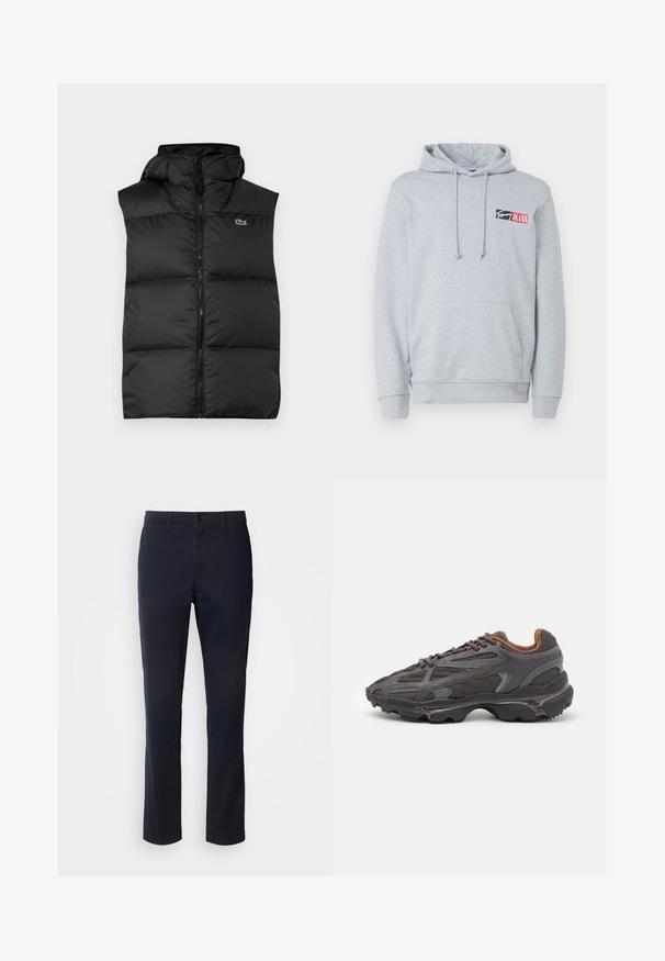 Czarna kamizelka puchowa z kapturem, z centralnym zamkiem błyskawicznym i małym logo. Wykonana z błyszczącego, izolowanego materiału o pikowanej strukturze.; Szara bluza z kapturem wykonana z mieszanki bawełny. Posiada kieszeń z przodu oraz sznurek, z logo w czerwonym i granatowym kolorze na klatce piersiowej.; Granatowe spodnie wykonane z gładkiego materiału, z prostym krojem nogawki, szlufkami na pasek oraz zapięciem na guzik z zamkiem błyskawicznym.; Sneakers Lacoste w ciemnoszarym kolorze, wykonane z siateczki i materiału syntetycznego, z teksturowaną podeszwą oraz brązowymi akcentami na kołnierzu i logotypie.