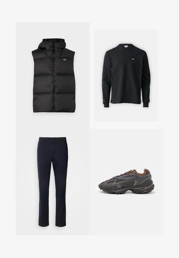 Schwarze Pufferweste mit Kapuze, ausgestattet mit einem zentralen Reißverschluss und einem kleinen Logo. Hergestellt aus glänzendem, isoliertem Material mit einem gesteppten Design.; Schwarzes Langarm-T-Shirt aus Baumwolle, mit Rundhalsausschnitt und einem kleinen grünen, gestickten Krokodil-Logo auf der linken Brust.; Marineblaue Hosen aus glattem Material mit geradem Bein, Gürtelschlaufen und einer Knopfverschluss mit Reißverschluss.; Lacoste Sneaker in Dunkelgrau aus Mesh und Synthetikmaterial, mit einer strukturierten Sohle und braunen Akzenten am Kragen und Logo.