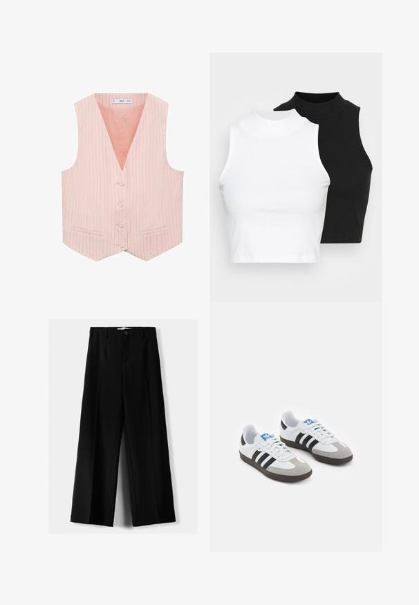 Mango Weste - pink; Zwei ärmellose, gerippte Rollkragenoberteile in Schwarz und Weiß, mit einer figurbetonten Passform und glatter Textur sowie einer cropped Länge.; Schwarze weite Hosen aus leichtem Stoff, mit einem Knopfverschluss vorne und flachem Bund, mit sorgfältig genähten Säumen.; Sportschuhe mit einem Obermaterial aus weißem Leder, grauer Wildleder-Zehenkappe und drei schwarzen Streifen. Sie verfügen über ein blaues Logo auf der Zunge und eine strukturierte Gummisohle.