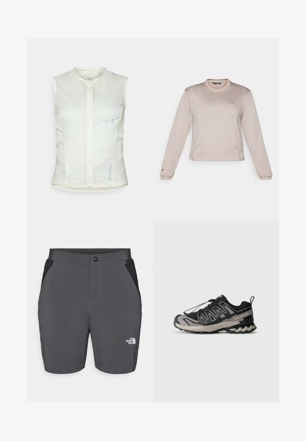 Colete sem mangas em creme claro, feito de tecido leve. Apresenta um fecho central, detalhes refletivos e um bolso com fecho de correr do lado direito.; Camisa desportiva de manga longa, em bege claro, feita de um tecido texturado e respirável, com um colarinho redondo e um logótipo discreto no peito.; Calções cinzentos de exterior com um tecido suave, bolsos laterais e um pequeno logótipo branco na parte da frente. Apresentam fecho com botão e passantes para cinto.; Sapatilha desportiva em preto e cinza com parte superior em malha, sola em borracha e sistema de atacadores elásticos. Apresenta uma biqueira reforçada e detalhes texturizados.