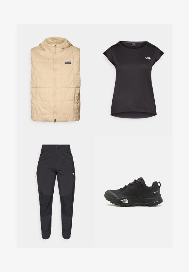Beige vadderad väst med huva, med en framdragkedja, quiltad textur och en liten logga på vänster bröst. Lätt och varm design.; The North Face TANKEN TANK - T-shirt till träning - black; Svarta utomhusbyxor gjorda av slitstarkt material. Har fickor med dragkedja, förstärkta knäpaneler och en rak skärning för rörlighet.; Svart vandringsskor med en texturerad övre del, snörning och en kraftig gummisula som har en framträdande logotyp på sidan och mönster i sulan.