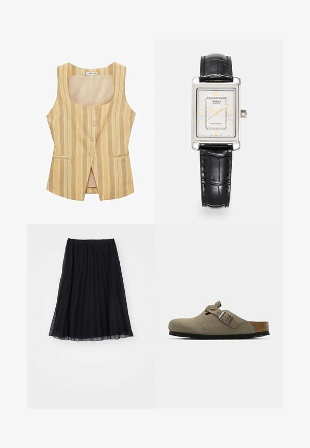 Stribet, ærmeløs vest i nuancer af gul og beige. Har en scoop-udskæring, frontknapper og to sidelommer.; Hvid tætsiddende top med en asymmetrisk halsudskæring og snoet skulderdetalje. Glat stof med let rynkning langs siden.; Sort plissee nederdel lavet af gennemsigtig stof med elastisk talje. Flydende design, der strækker sig til midt på læggen og viser lodrette folder.; Suede træsko i lys olivengrøn med en formet kork- og gummisål. Har en side rem med en metal spænde og en rund tå.; Casio rektangulær kvartsur med en sølvfarvet skive, gyldne detaljer, sort krokodilleskindsinbrændt læderrem og vandafvisende egenskaber.