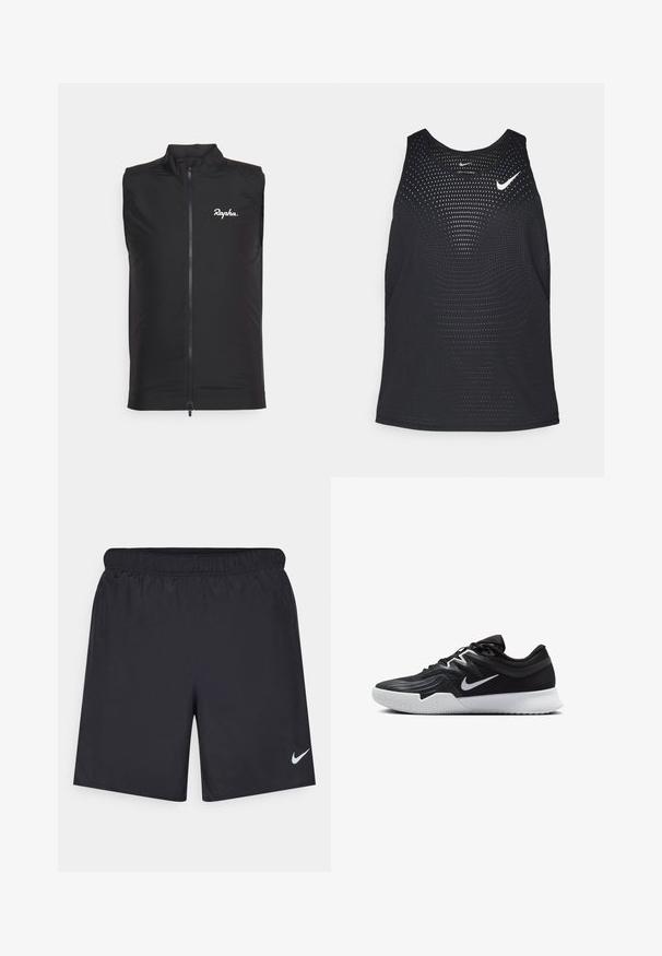 Črna brezrokavnica za kolesarjenje iz lahkega materiala, z visokim ovratnikom in sprednjim zadrgo, z belim logotipom "Rapha" na levem prsnem delu.; Črn atletski top s perforirano teksturo in okroglo ovratnikom. Na prsih je bel Nike logo.; Črne atletske kratke hlače iz lahkotnega materiala z elastičnim pasom. Imajo majhen bel Nike logo na spodnji levi strani.; Črne atletske čevlje z teksturirano zgornjico, belim Nike znakom in belim gumijastim zunanjim podplatom. Imajo vezalni dizajn in dinamično obliko.