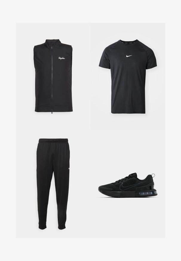 Czarna bezrękawnik na rower wykonany z lekkiego materiału, z wysokim kołnierzem i suwakiem z przodu, z białym logo "Rapha" na lewej piersi.; Czarny sportowy T-shirt wykonany z tkaniny o fakturowanym wzorze. Posiada krótkie rękawy oraz biały logo Nike na piersi.; Czarne sportowe spodnie wykonane z gładkiego materiału, z elastycznym pasem, zwężanymi nogawkami i małym białym logo po lewej stronie.; Czarne buty sportowe Nike z siateczkową cholewką, gumową podeszwą, wyściełanym kołnierzem i wyraźnym przezroczystym akcentem na pięcie.