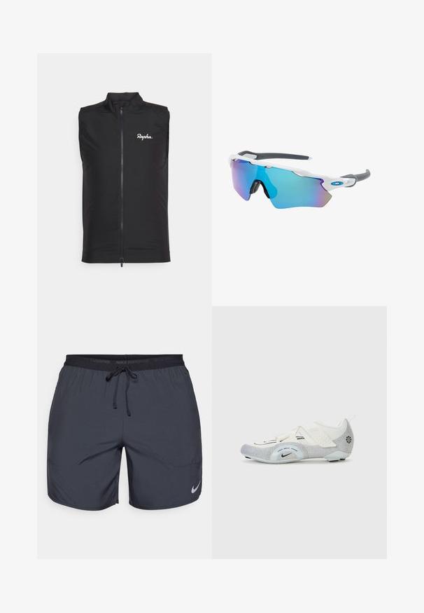 Vesta de ciclism fără mâneci, de culoare neagră, confecționată dintr-un material ușor, cu un guler înalt și fermoar frontal, având logo-ul alb "Rapha" pe partea stângă a pieptului.; Top de alergare Nike fără mâneci, de culoare albă, cu guler rotund, textură fină și logo-ul Nike de culoare neagră pe partea stângă a pieptului.; Pantaloni scurți de alergare Nike de culoare gri închis, cu un brâu elastic și șnur și un accent cu logo argintiu pe partea inferioară a piciorului drept.; Ierșă cu un design alb și argintiu, cu o parte superioară din plasă, accente texturate, curele ajustabile și o talpă din cauciuc pentru aderență și stabilitate.; Ochelari de soare cu cadru alb, accente gri și lentile curbate albastre. Design sportiv, formă envolvitoare și pernițe de nas ajustabile.