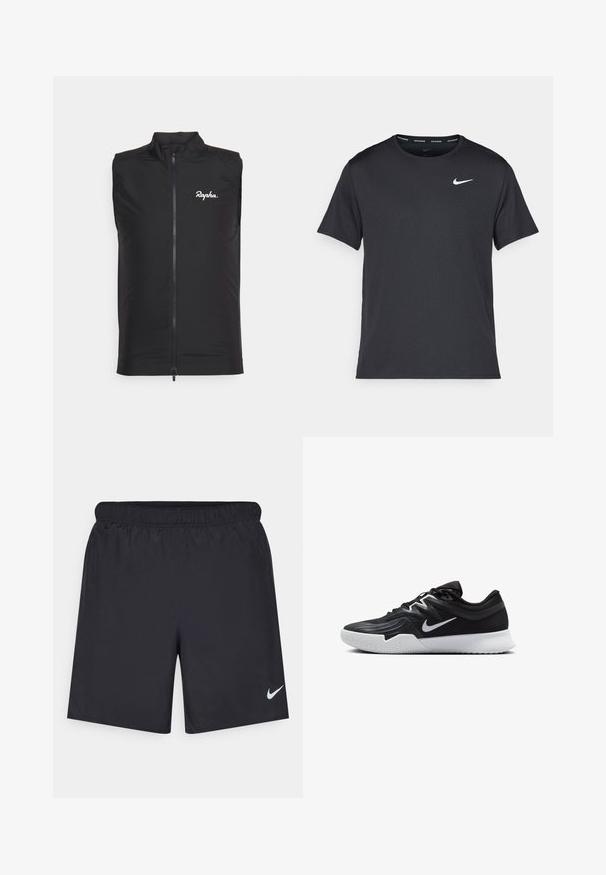 Svart ärmlös cykelväst i lätt tyg, med hög krage och framdragkedja, samt vitt "Rapha"-logo på vänster bröst.; Svart Nike löpeshirt i lätt, andningsbart material, med korta ärmar och en liten vit logotyp på bröstet.; Svarta träningsshorts gjorda av lätt material med elastisk midja. Har en liten vit Nike-logotyp på nedre vänstra sidan.; Svarta träningsskor med en texturerad ovandel, vit Nike-logga och en vit gummisula. Har snörningsdesign och en dynamisk form.