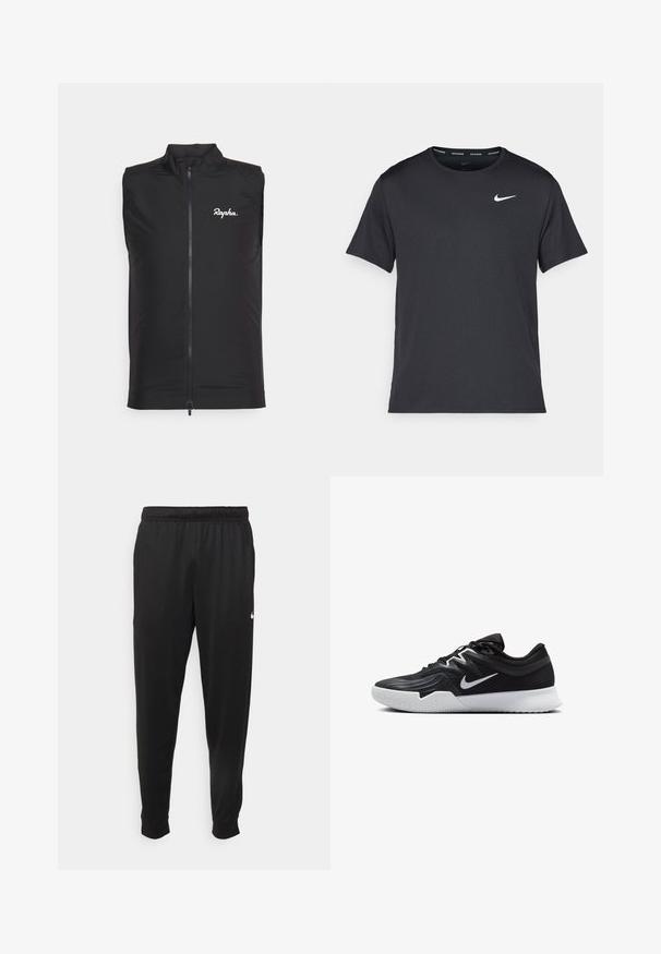 Čierny bezrukávový cyklistický vest s ľahkým materiálom, s vysokým golierom a predným zipsom, s bielym logom "Rapha" na ľavej hrudníku.; Čierne bežecké tričko Nike vyrobené z ľahkého a priedušného materiálu, s krátkymi rukávmi a malým bielym logom na hrudi.; Čierne športové nohavice z hladkej tkaniny, s elastickým pásom, zužujúcimi sa nohavicami a malým bielym logom na ľavej strane.; Čierna športová topánka s textúrovaným zvrškom, bielym logom Nike a bielou gumovou podrážkou. Má šnurovací dizajn a dynamický tvar.