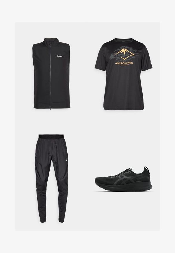 Svart ermeløs sykkelvest laget av lett stoff, med høy krage og frontglidelås, og hvit "Rapha" logo på venstre bryst.; ASICS FUJITRAIL LOGO TOP - T-skjorte til trening - performance black; Svarte treningsbukser med elastisk midjebånd, sidelommer og kontrasterende teksturpaneler på bena. Asics-logo på hoften.; Sorte sportsko med mesh-overdel, snøring, forsterket hæl og teksturert såle. Har diskrete, reflekterende logodetaljer.
