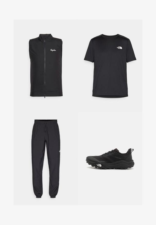 Svart ermeløs sykkelvest laget av lett stoff, med høy krage og frontglidelås, og hvit "Rapha" logo på venstre bryst.; Svart kortermet T-skjorte laget av lett materiale. Har en liten hvit logo på venstre bryst og subtile skulderdetaljer.; Sorte idrettsbukser laget av lett stoff, med snor i livet, sidelommer og smale mansjetter ved anklene.; Svart terrengløpesko med teksturert overdel, gummisåle og forsterket tåhette. Har polstret krage og løftestropp for enkel påkledning.