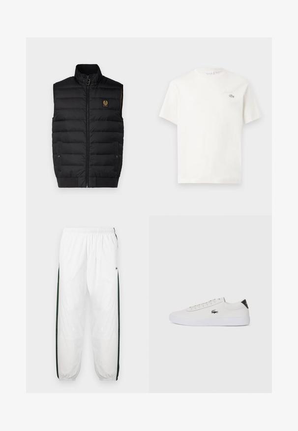 Čierna vypchávkovaná vesta s vysokým golierom, predným zipsom, dvoma vreckami a logom. Má hladký vonkajší textúr a prešívaný vzor.; Biela bavlnená tričkovo s krátkymi rukávmi, s jemne vyšitým logom a minimalistickým dizajnom. Mäkká textúra, okrúhly výstrih.; Biele športové nohavice s tmavozelenými bočnými panelmi. Ľahký materiál, elastický pás a sťahované lemy. Obsahujú sieťovinovú textúru na bočných paneloch.; Biele kožené tenisky s okrúhlou špičkou, šnurovaním vpredu a čiernym akcentom na päte. Obsahujú malé vyšívané logo krokodíla na boku.