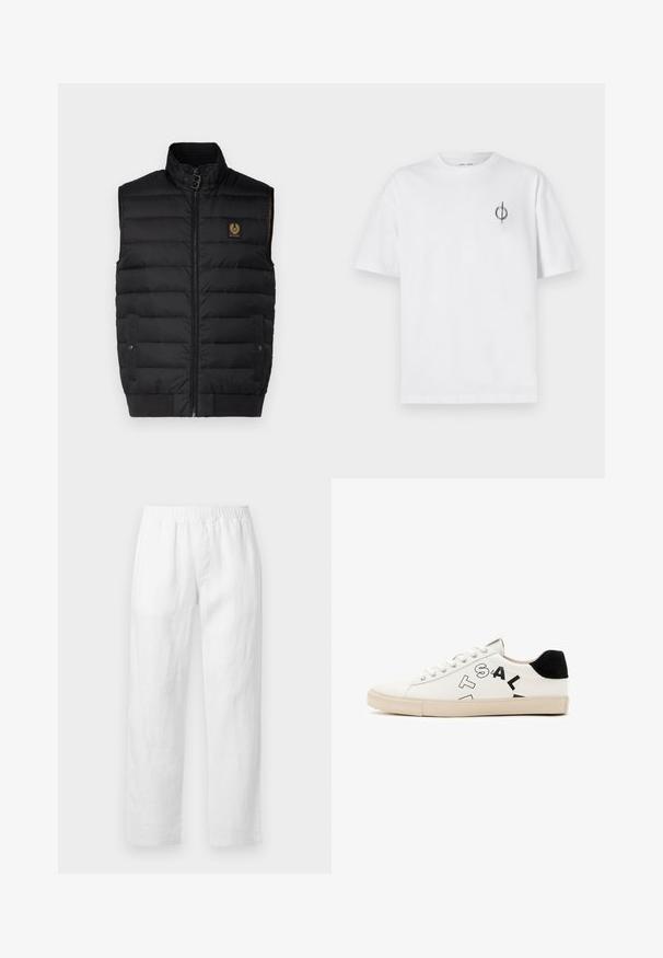 Juodas pūslinis liemuo su aukštu apykakle, priekiniais užtrauktukais, dviem kišenėmis ir logotipo segtuku. Pasižymi lygiu išoriniu paviršiumi ir kvadratuotu raštu.; Balta medvilninė marškinė su laisvu siluetu, su mažą juodą grafiką logotipą kairėje krūtinės pusėje. Trumpomis rankovėmis, apvaliu kaklu.; Baltos lino kelnės su elastiniu liemeniu, tiesių kojų piešiniu ir minkšta tekstūra be matomų raštų ar aparatūros detalių.; Balta odinė sportinė avalynė su juodais akcentais ant kulno, ant šono yra drąsus juodas užrašas ir guma. Minimalistinis dizainas.