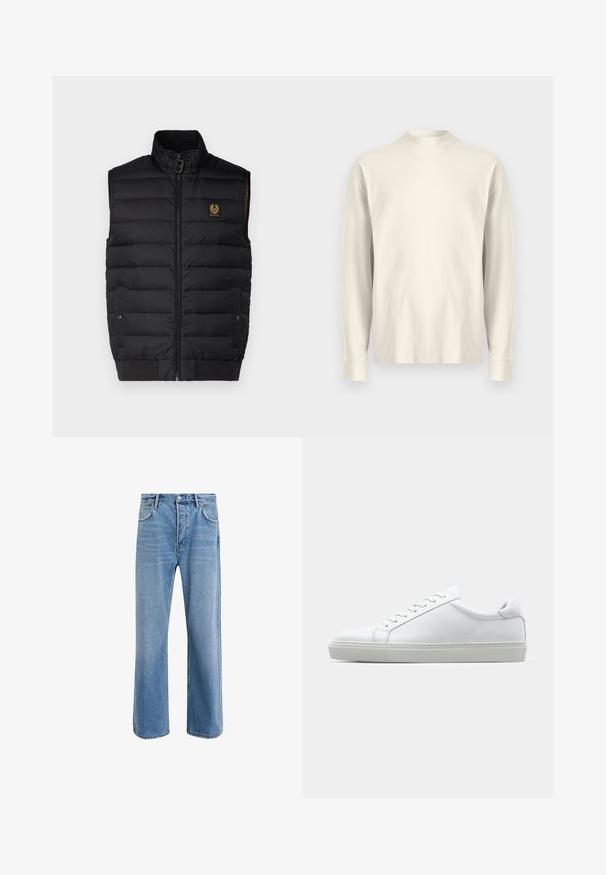 Czarna pikowana kamizelka z wysokim kołnierzem, z przodu na zamek błyskawiczny, z dwiema kieszeniami i naszywką z logo. Cechuje się gładką strukturą zewnętrzną oraz pikowaną fakturą.; Koszula z długim rękawem o stójce w jasnokremowym kolorze, wykonana z bawełny. Gładka tekstura, luźny krój, minimalistyczny design, bez widocznych wzorów i akcentów.; Jasnoniebieskie dżinsy o prostym kroju, pięć kieszeni, zapięcie na guzik, minimalne blaknięcia i kontrastowe wykończenia szwów.; Białe sneakersy z gładką skórzaną cholewką i niskim profilem. Posiadają okrągły nos, sześć dziurek na sznurówki oraz teksturowaną gumową podeszwę.