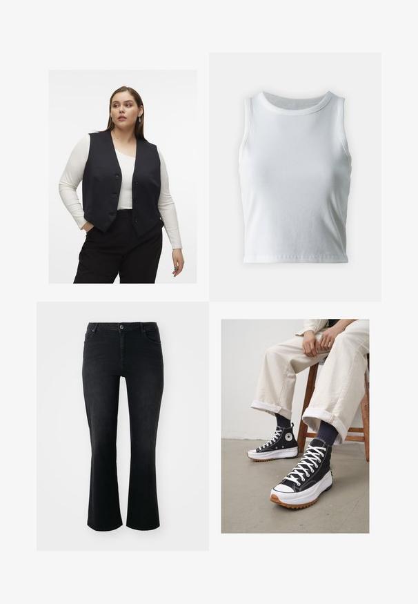 Vero Moda Curve VMCCADENCE TAILORED WAISTCOAT - Vesta - black; Bílý žebrovaný tílko s kulatým výstřihem a bezramínkovým designem, s rovnými lemy a hladkou, elastickou strukturou.; Černé džíny z denimu s prostřední výškou pasu, předním zapínáním na knoflík, dvěma předními kapsami, dvěma zadními kapsami a rozšířeným střihem nohavic.; Černé vysoké tenisky s bílými tkaničkami a gumovým ochranným špičkou. Silná bílá podešev s texturovanou hnědou podrážkou, nošeny s námořnickými pruhovanými ponožkami.