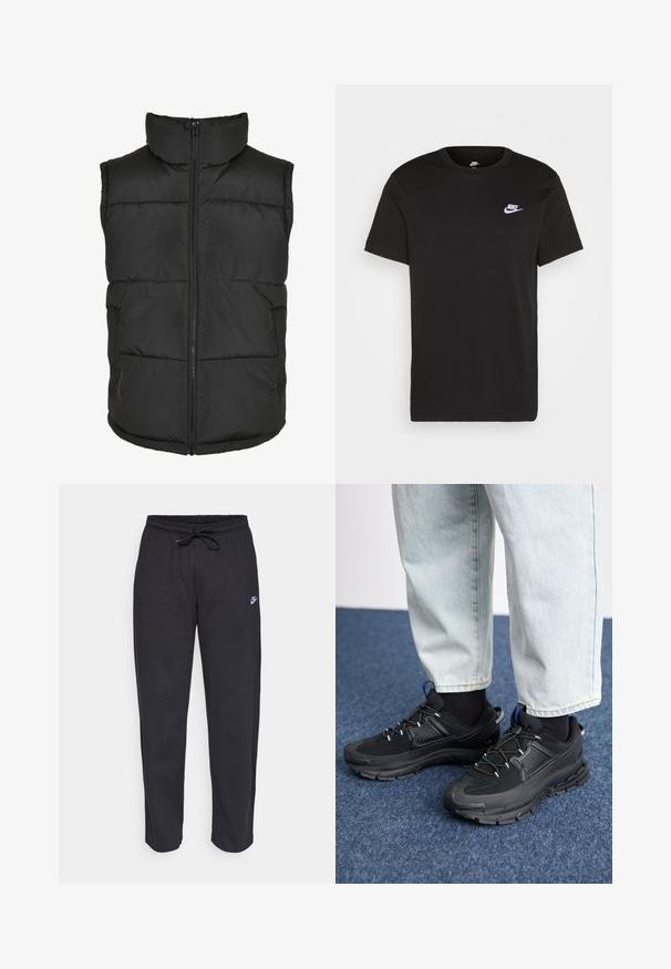 Černá vycpaná vesta s vysokým límcem, předním zipem a bez rukávů. Obsahuje prošívané sekce a boční kapsy pro praktičnost.; Černé bavlněné tričko s krátkými rukávy, kulatým výstřihem a malým bílým logem Nike na levé horní části hrudi. Hladká textura. Klasický střih.; Černé tepláky vyrobené z měkké tkaniny s elastickým pasem, šňůrkou na stažení a malým logem Nike na levém stehně.; Černé sportovní boty s texturovanou tkaninou a gumovou podrážkou, s elastickými tkaničkami a modrým akcentem na patě. Nosí se s světlými džíny.