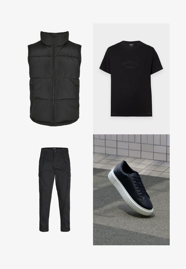 Fekete párnázott mellény magas gallérral, elülső cipzárral és ujjatlan kivitelben. Töltött részekkel és oldalsó zsebekkel rendelkezik a praktikum érdekében.; Fekete pamut póló rövid ujjakkal és kerek nyakkivágással. Az elején tónusos betűkkel a "ORIGINALS Studio" felirat látható.; Fekete cargo nadrág, amely tartós anyagból készült, több zsebet tartalmaz, gombos záródással rendelkezik, és karcsú szabású, szűkített lábakkal bír.; Fekete bőr sportcipő lekerekített orral és fehér gumitalppal. Lapos fűzőkkel és minimális varrásokkal rendelkezik a felsőrészén. Mintás talp a tapadásért.