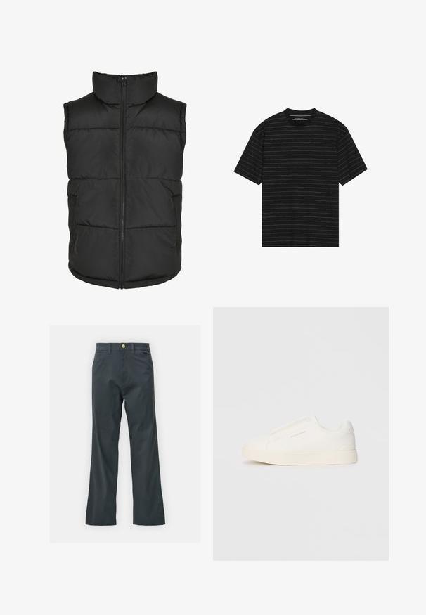 Juodas paminkštintas liemuo su aukštu apykakle, priekyje užtrauktuku ir be rankovių. Yra siuvinėti skyreliai ir šoninės kišenės patogumui.; Juoda trumpa rankovė T-marškiniai su plonomis baltomis horizontaliomis juostelėmis. Pagaminti iš minkštos medžiagos, turi apvalią iškirptę ir laisvą siluetą.; Juodos kelnės su tiesiu kirpimu, pagamintos iš medvilnės mišinio. Turi metalinį mygtuką ir šonines kišenes. Be matomų raštų.; Baltos slip-on sportbačiai su tekstūruota paviršiumi, storesniu padu ir minimalistišku dizainu. Šone matosi prekės ženklo logotipas.