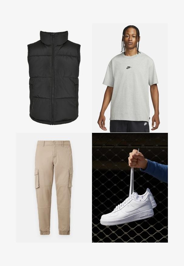 Svart vadderad väst med hög krage, framdragkedja och utan ärmar. Har kviltade sektioner och sidofickor för praktisk användning.; Ung person med flätat hår iklädd en ljusgrå Nike T-shirt och svarta Nike-shorts framför en enkel vit bakgrund.; Beiga cargobyxor i ett lätt bomullsmaterial. Har elastiska mudd, flera sidofickor och en knappstängning.; Vita lädersneakers med perforeringar, rund tå, platt sula och tjocka snörning, med en synlig swoosh-logga och "AIR" på hälen.