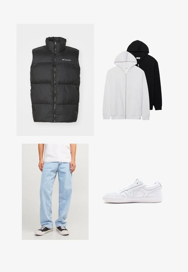 Zwarte puffer-schol met hoge kraag en ritssluiting aan de voorkant. Gemaakt van glad, lichtgewicht materiaal. Beschikt over horizontaal gestikte secties.; Twee zip-hoodies in zwart en wit, met trekkoorden aan de capuchons, kangoeroe zakken, geribbelde mouwen en een zachte stoftextuur.; Set van drie basic t-shirts in zwart, wit en lichtgrijs. Korte mouwen, ronde hals, gemaakt van gladde katoenstof. Merkl logo zichtbaar.; Lichtblauwe denim jeans met een relaxed fit, met een rechte pijp en standaard stiksels, gecombineerd met zwarte sneakers.; Witte leren sneaker met een laag ontwerp, ronde neus, perforaties en een gestructureerde zool. Veters en subtiele stiksels zijn inbegrepen.