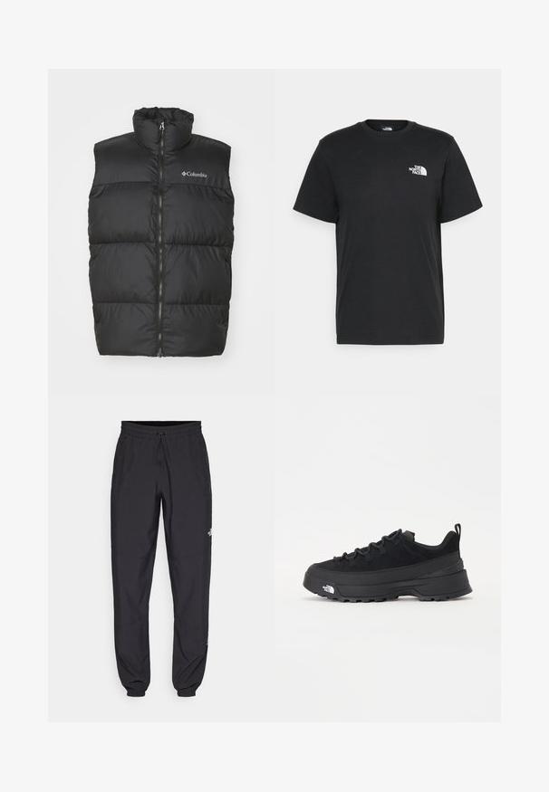 Vest puf cu guler înalt și fermoar frontal, de culoare neagră. Fabricat dintr-un material neted și ușor. Are secțiuni cusute orizontal.; Tricou negru din bumbac, cu mâneci scurte, guler rotund și un mic logo alb pe pieptul stâng. Design simplu, textură netedă și croială lejeră.; Pantaloni atletici negri, confecționați dintr-un material ușor, cu un tiv elastic la talie, buzunare laterale și tivuri ajustate la gleznă.; Tenisi de exterior negri cu superior din daim, talpă din cauciuc texturat și sistem de șireturi solid. Prezintă un călcâi întărit și un logo al mărcii pe lateral.