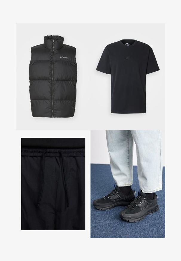 Zwarte puffer-schol met hoge kraag en ritssluiting aan de voorkant. Gemaakt van glad, lichtgewicht materiaal. Beschikt over horizontaal gestikte secties.; Zwarte katoenen t-shirt van Nike met een klassieke ronde hals, korte mouwen en een subtiele, reliëflogo op de borst. Gladde textuur.; Zwarte shorts met een drawstring tailleband, lichtgewicht stof met een zachte textuur en een eenvoudig ontwerp zonder zichtbare logo's of patronen.; Zwarte sportschoenen met gestructureerde stof en rubberen zolen, met elastische veters en een blauwe accent op de hiel. Draag samen met lichte spijkerbroeken.