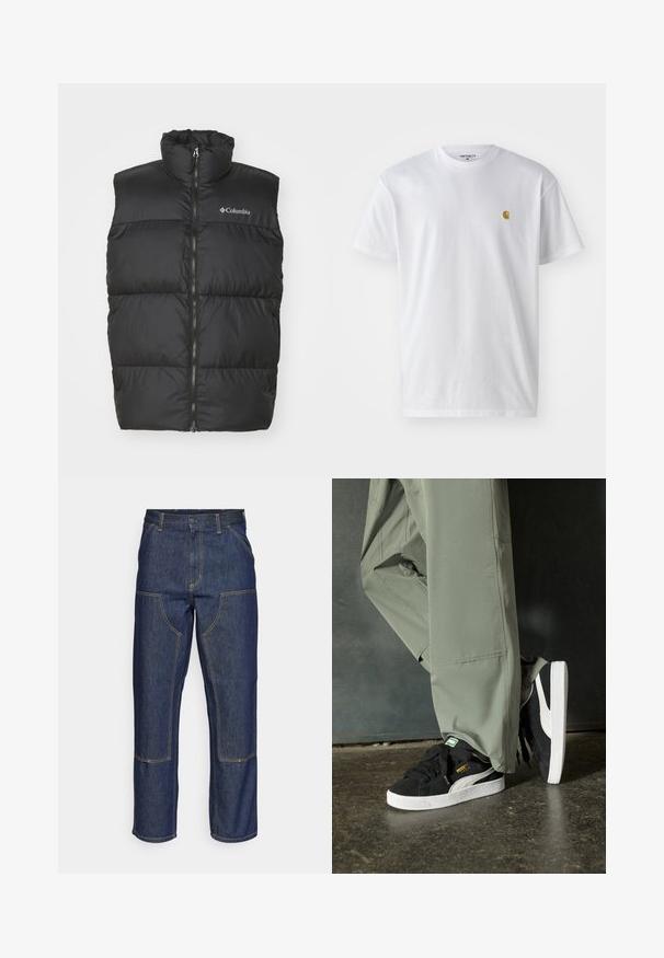 Zwarte puffer-schol met hoge kraag en ritssluiting aan de voorkant. Gemaakt van glad, lichtgewicht materiaal. Beschikt over horizontaal gestikte secties.; Witte katoenen t-shirt met korte mouwen en ronde hals, voorzien van een klein gouden logo op de linkerkant van de borst. Zachte textuur en een normale pasvorm.; Donkerblauwe denim jeans met een hoge taille, rechte pijpen, contrasterende stiksels en opgestikte zakken aan de voorkant.; Zwarte suède sneakers met witte rubberen zolen en zijstrepen, gecombineerd met lichtgroene cargobroeken, staande op een gestructureerd donker oppervlak.