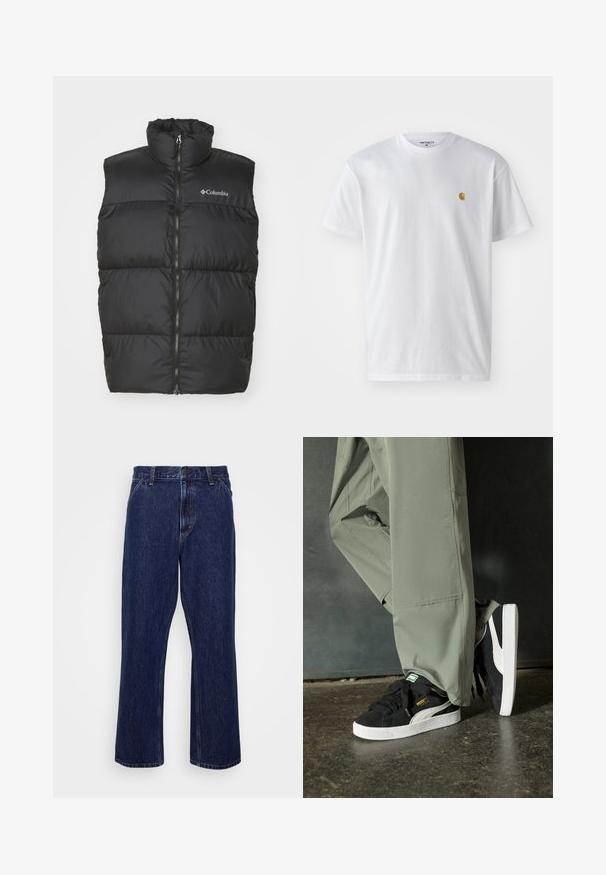 Musta puhallettava liivi korkealla kauluksella ja etuvetoketjulla. Valmistettu sileästä, kevyestä materiaalista. Sisältää vaakasuoria tikkauksia.; Valkoinen puuvillapaita lyhyillä hihoilla, pyöreä kaula-aukko, jossa on pieni kultainen logo vasemmassa rintapielessä. Pehmeä kangas ja normaali istuvuus.; Tummansininen farkkushousu, jossa on suora lahje, varustettu nappisuljennalla, viiden taskun tyylillä ja hienovaraisilla ompeluyksityiskohdilla.; Mustat mokkakengät, joissa on valkoiset kumipohjat ja sivuraitoja, yhdistettynä vaaleanvihreisiin cargo-housuihin, seisoen tummalla teksturoidulla pinnalla.