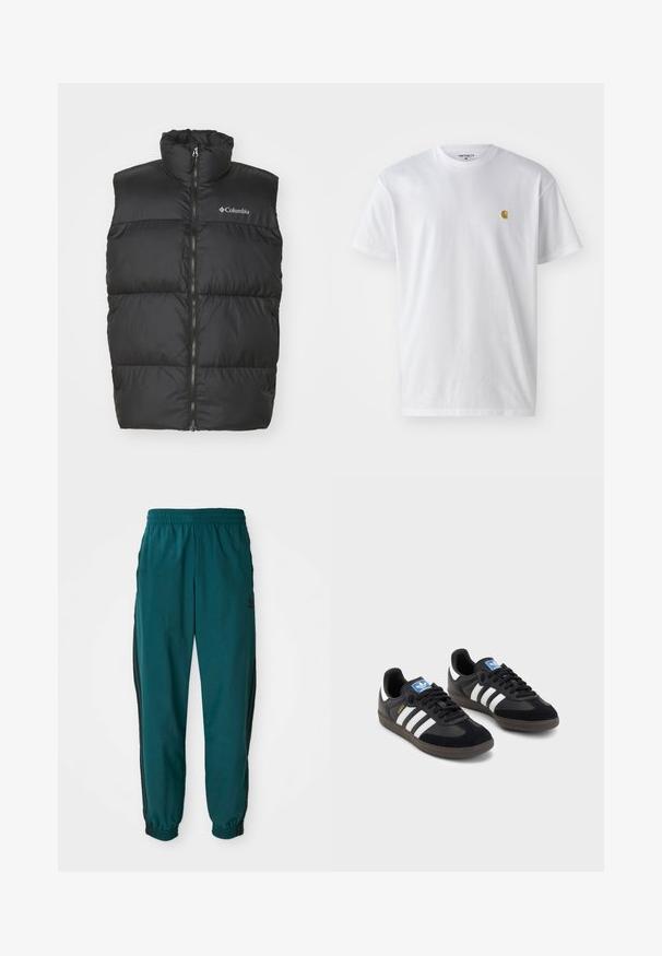 Musta puhallettava liivi korkealla kauluksella ja etuvetoketjulla. Valmistettu sileästä, kevyestä materiaalista. Sisältää vaakasuoria tikkauksia.; Valkoinen puuvillapaita lyhyillä hihoilla, pyöreä kaula-aukko, jossa on pieni kultainen logo vasemmassa rintapielessä. Pehmeä kangas ja normaali istuvuus.; Teal urheiluhaalari, jossa on nauhavyötärö, elastiset hihnat ja mustat sivuraitaa. Valmistettu kevyestä kankaasta, jossa on logo lonkan lähellä.; Mustat lenkkarit, joissa on mokkanahka- ja synteettinen päällinen, kolmella valkoisella raidalla, tekstuurilla varustettu kumipohja ja sininen logo-etiketti kielellä.