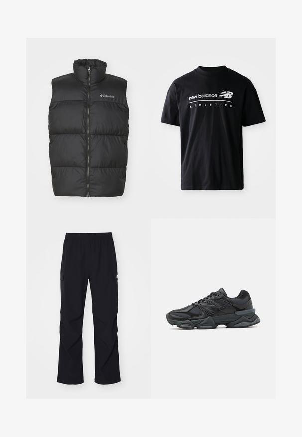 Chaleco acolchado negro con cuello alto y cremallera frontal. Hecho de un material suave y ligero. Presenta secciones acolchadas horizontales.; Camiseta de algodón negra con cuello redondo, mangas cortas y gráficos en blanco con el texto "new balance" y "ATHLETICS" en la parte delantera.; Pantalones cargo negros de material ligero, con cintura elástica, bolsillos laterales y diseño de pierna recta.; Zapatilla de running negra que presenta una combinación de malla y materiales sintéticos, suela gruesa, diseño curvado y una marca prominente en el costado.