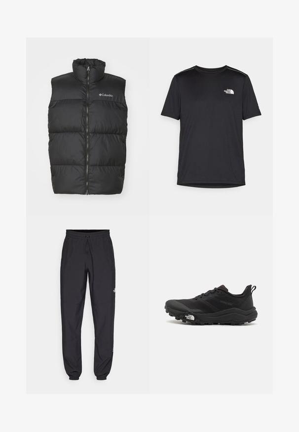 Schwarze Daunenweste mit hohem Kragen und Frontreißverschluss. Hergestellt aus glattem, leichtem Material. Verfügt über horizontal gesteppten Abschnitte.; Schwarzes T-Shirt mit kurzen Ärmeln aus leichtem Stoff. Mit einem kleinen weißen Logo auf der linken Brust und dezenten Akzenten an den Schultern.; Schwarze Sporthosen aus leichtem Stoff, mit einem Kordelzugbund, seitlichen Taschen und schmal zulaufenden Bündchen an den Knöcheln.; Schwarzer Trailrunning-Schuh mit strukturiertem Obermaterial, Gummisohle und verstärkter Zehenkappe. Verfügt über einen gepolsterten Kragen und eine Ziehlasche für einfaches Anziehen.