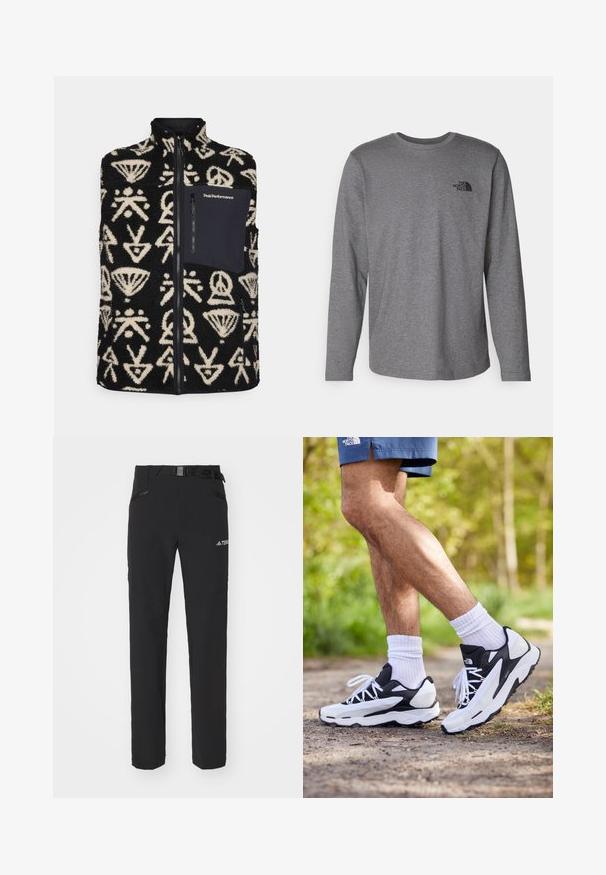 Peak Performance GRAPHIC VEST - Weste - black; The North Face M L/S SIMPLE DOME TEE - Langarmshirt - medium grey heather; Schwarze Outdoor-Hosen aus glattem Stoff, mit seitlichen Reißverschlusstaschen, verstärkten Kniepartien und einem verstellbaren Bund mit Schnalle.; Schwarz-weiße Sportschuhe mit einem Obermaterial aus Mesh, strukturierten Akzenten und weißen Schnürsenkeln. getragen mit weißen Knöchelsocken und dunkelblauen Shorts auf einem Weg.