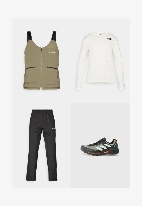 Olive green vest with zip closure, two side zip pockets, and adjustable black straps. Features "TERREX" logo on the upper left.; White long-sleeve shirt with a round neck, textured fabric, black logo on the left shoulder, and subtle branding at the bottom.; Black waterproof trousers made of lightweight fabric, featuring an elastic waistband and side zipper pocket. Simple, tailored design.; Lightweight trail running shoe with a gray and black mesh upper, orange accents, and a rugged outsole for traction. Waterproof Gore-Tex lining.