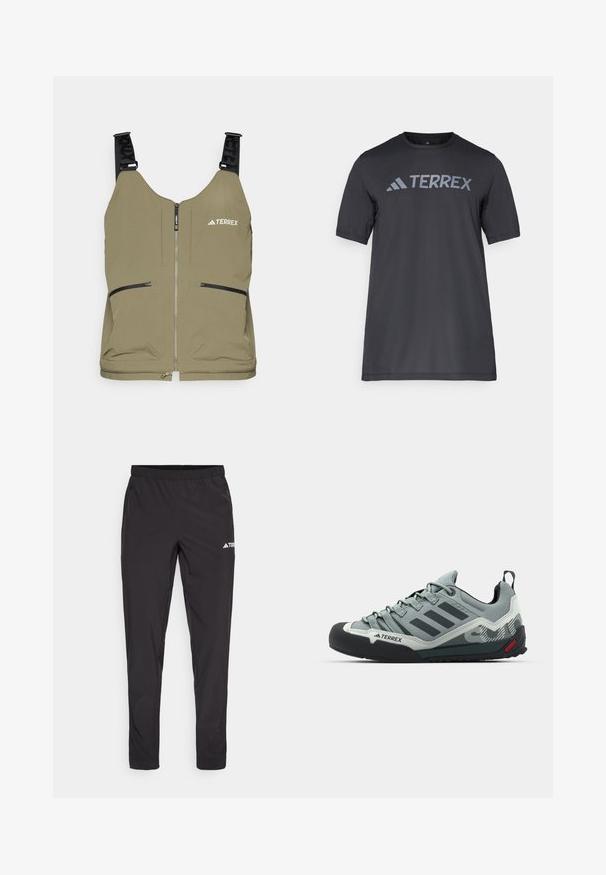 Olivově zelená vesta se zipovým uzávěrem, dvěma bočními zipovými kapsami a nastavitelnými černými popruhy. Na horní levé straně se nachází logo "TERREX".; Černé tričko s krátkým rukávem vyrobené z lehkého materiálu, s světle šedým logem "TERREX" přes hruď a kulatým výstřihem.; Černé sportovní kalhoty s elastickým pasem, dvěma bočními zipovými kapsami a logem na horní pravé noze. Hladká, lehká tkanina.; Šedé lezecké boty s texturovaným svrškem, černým gumovým okrajem na špičce, třemi tmavými pruhy a malou červenou akcentací na podrážce.