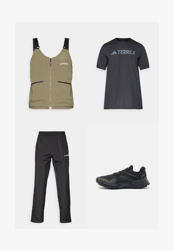 Olivgrön väst med dragkedjestängning, två sidofickor med dragkedja och justerbara svarta remmar. Har "TERREX"-logotypen upptill till vänster.; Svart kortärmad t-shirt gjord av lätt tyg, med en ljusgrå "TERREX"-logotyp över bröstet och rund halsringning.; Svarta lätta friluftsbyxor med elastisk midja, dragkedjefickor och tryckt logotyp. Slät textur och raka ben.; Svarta träningsskor med en texturerad mesh-övre, gummisula och framträdande grå detaljer på tån och sidopanelerna. Förstärkt häldesign.