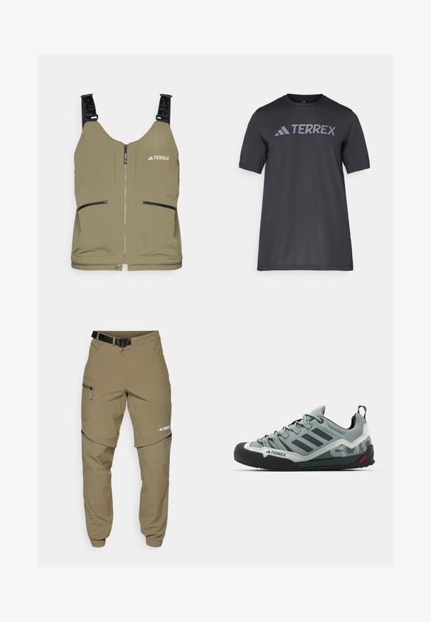 Vest verde oliva cu închidere cu fermoar, două buzunare laterale cu fermoar și curele negre ajustabile. Prezintă logo-ul "TERREX" în partea din stânga sus.; Tricou negru cu mânecă scurtă, confecționat dintr-un material ușor, având un logo gri deschis „TERREX” pe piept și un gât rotund.; Pantaloni de exterior khaki, cu o curea ajustabilă neagră, buzunare cu fermoar, mansete conice și picioare inferioare detașabile pentru un stil versatil.; Pantofi de escaladă gri, cu un superior texturat, vârf din cauciuc negru, trei dungi întunecate și un mic accent roșu pe talpă.