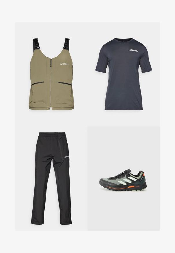 Olivinės spalvos liemenė su užtrauktuku, dviem šoniniais užtrauktukais uždaramais kišenėmis ir reguliuojamomis juodomis petnešomis. Viršutiniame kairiajame kampe yra "TERREX" logotipas.; Tamsiai pilka trumpomis rankovėmis marškinėliai, pagaminti iš lengvos, kvėpuojančios medžiagos. Yra apvalus kaklas ir baltas "TERREX" logotipas priekyje.; Juodos spalvos lengvos lauko kelnės su elastinga juosmens juosta, kišenėmis su užtrauktukais ir atspausdintu logotipu. Lygios tekstūros ir tiesios kojos kirpimas.; Lengvas kalnų bėgimo batelis su pilka ir juoda tinklo viršūne, oranžiniais akcentais ir tvirtu padu sukibimui. Atsparus vandeniui Gore-Tex pamušalas.