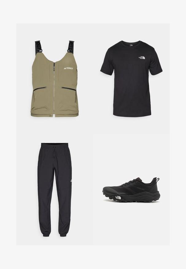 Olivgrüner Weste mit Reißverschluss, zwei seitlichen Reißverschlusstaschen und verstellbaren schwarzen Trägern. Mit "TERREX"-Logo auf der oberen linken Seite.; Schwarzes T-Shirt mit kurzen Ärmeln aus Baumwolle, mit einem runden Ausschnitt und einem kleinen weißen Logo auf der oberen linken Brust.; Schwarze Sporthosen aus leichtem Stoff, mit einem Kordelzugbund, seitlichen Taschen und schmal zulaufenden Bündchen an den Knöcheln.; Schwarzer Trailrunning-Schuh mit strukturiertem Obermaterial, Gummisohle und verstärkter Zehenkappe. Verfügt über einen gepolsterten Kragen und eine Ziehlasche für einfaches Anziehen.