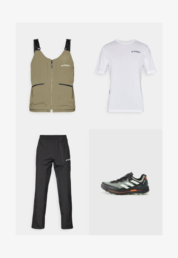 Oliivivärinen liivi, jossa on vetoketjusuljenta, kaksi sivuvaatekoteloa vetoketjulla ja säädettävät mustat hihnat. Vasemmassa yläkulmassa on "TERREX"-logo.; Valkoinen lyhythihainen t-paita, jossa verkkomaiset yksityiskohdat hartioiden läheisyydessä ja tummansininen 'TERREX'-logo rinnassa. Pehmeä materiaali, tavallinen istuvuus.; Mustat kevyet ulkohousut, joissa on joustava vyötärönauha, vetoketjutaskut ja painettu logo. Sileä pinta ja suora lahkeen leikkaus.; Kevyt maastojuoksukenkä, jossa on harmaa ja musta verkkokangas, oranssit yksityiskohdat ja kestävä pohja pitoon. Vesitiivis Gore-Tex-vuori.