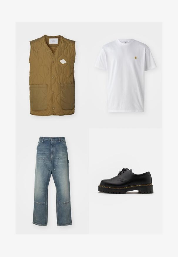 Vesta matlasată de culoare verde măslin, cu un patch logo în formă de diamant, guler rotund, nasturi cu capsă în față și două buzunare mari în față.; Tricou alb din bumbac, cu mâneci scurte, gât echipat, având un mic logo auriu în zona stânga a pieptului. Textură moale și croială normală.; Jeans de culoare albastru deschis, cu o croială confortabilă, realizate din denim. Prezintă picioare largi, buzunare mari în față și detalii cu cusături în contrast.; Pantof black din piele, cu sireturi, cu vârf rotund, talpă din cauciuc texturat și cusături galbene în jurul bazei. Design plat și finisaj neted.